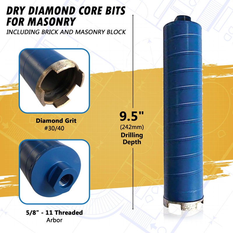 EDiamondTools رؤوس حفر الماس الجاف 2-1/2" للطوب أو الكتل أو البناء، عمق حفر 9.5"، عمود 5/8"-11 - Image 1